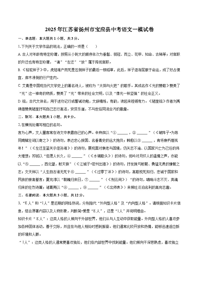 2025年江苏省扬州市宝应县中考语文一模试卷(含详细答案解析)第1页