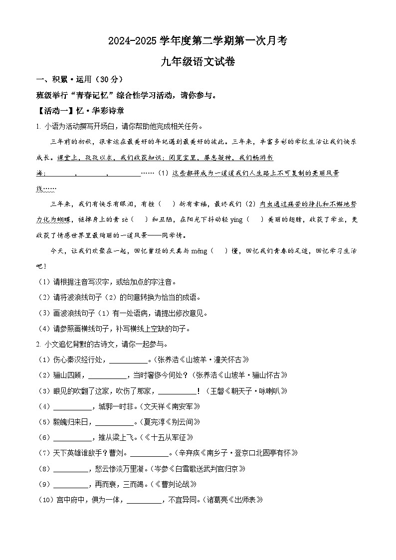 江苏省连云港市灌云县西片2024-2025学年九年级下学期3月月考语文试题（原卷版+解析版）第1页