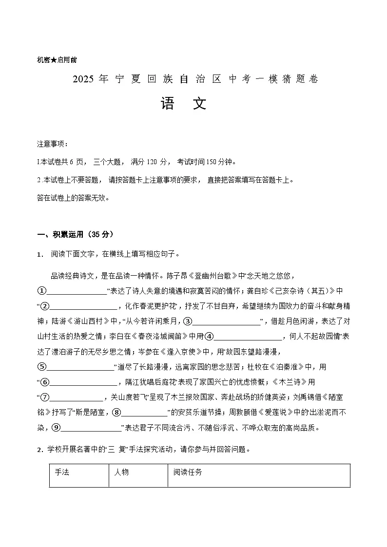 2025年中考语文一模猜题卷（宁夏回族自治区专用）—2025年全国各地市最新中考语文模拟考试（含答案+解析）第1页