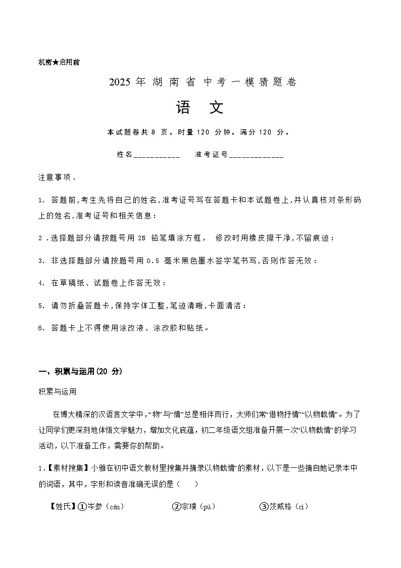 2025年中考语文一模猜题卷（湖南省专用）—2025年全国各地市最新中考语文模拟考试（含答案+解析）第1页