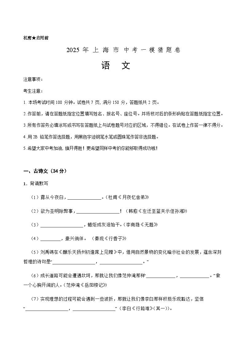 2025年中考语文一模猜题卷（上海市专用）—2025年全国各地市最新中考语文模拟考试（含答案+解析）第1页