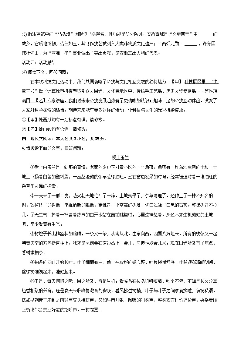 2025年安徽省合肥市蜀山区中考语文二模试卷(含详细答案解析)第3页
