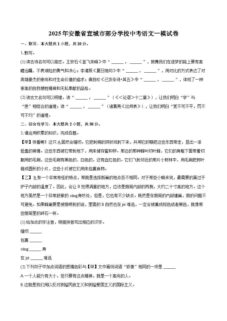 2025年安徽省宣城市部分学校中考语文一模试卷(含详细答案解析)第1页