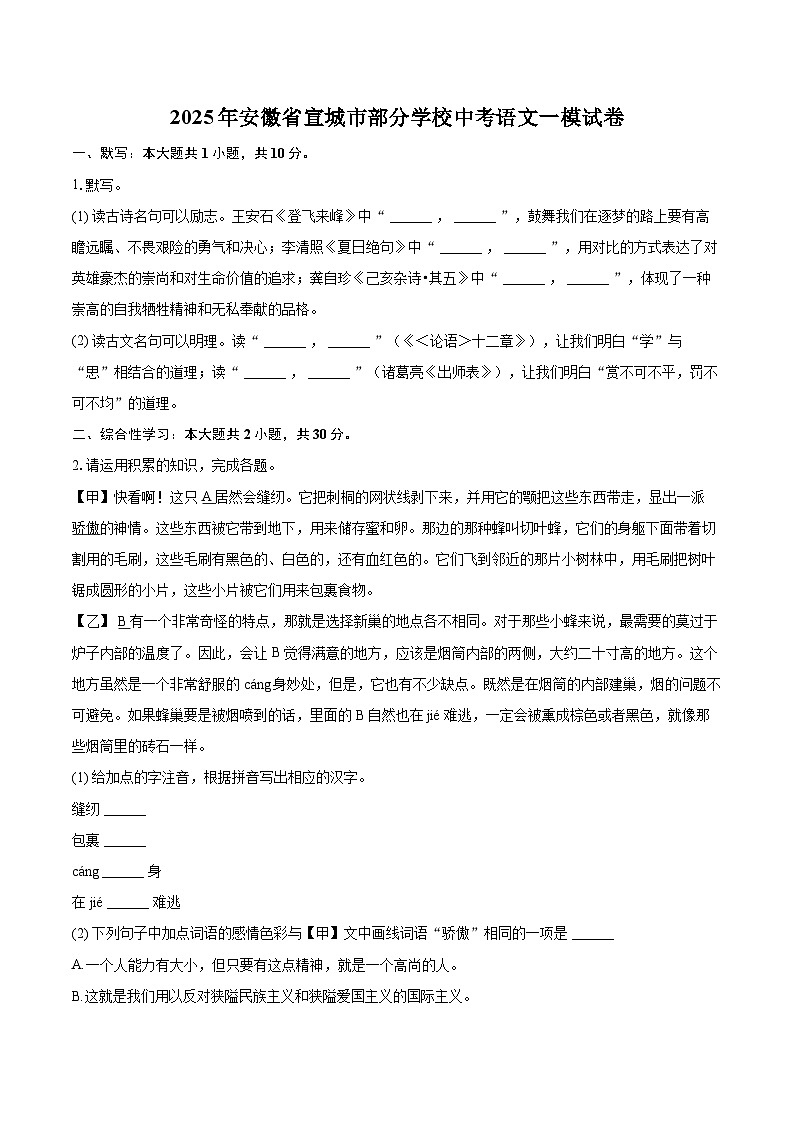 2025年安徽省宣城市部分学校中考语文一模试卷(含详细答案解析)第1页