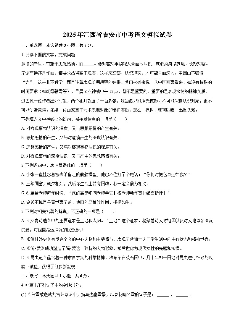 2025年江西省吉安市中考语文模拟试卷(含详细答案解析)第1页