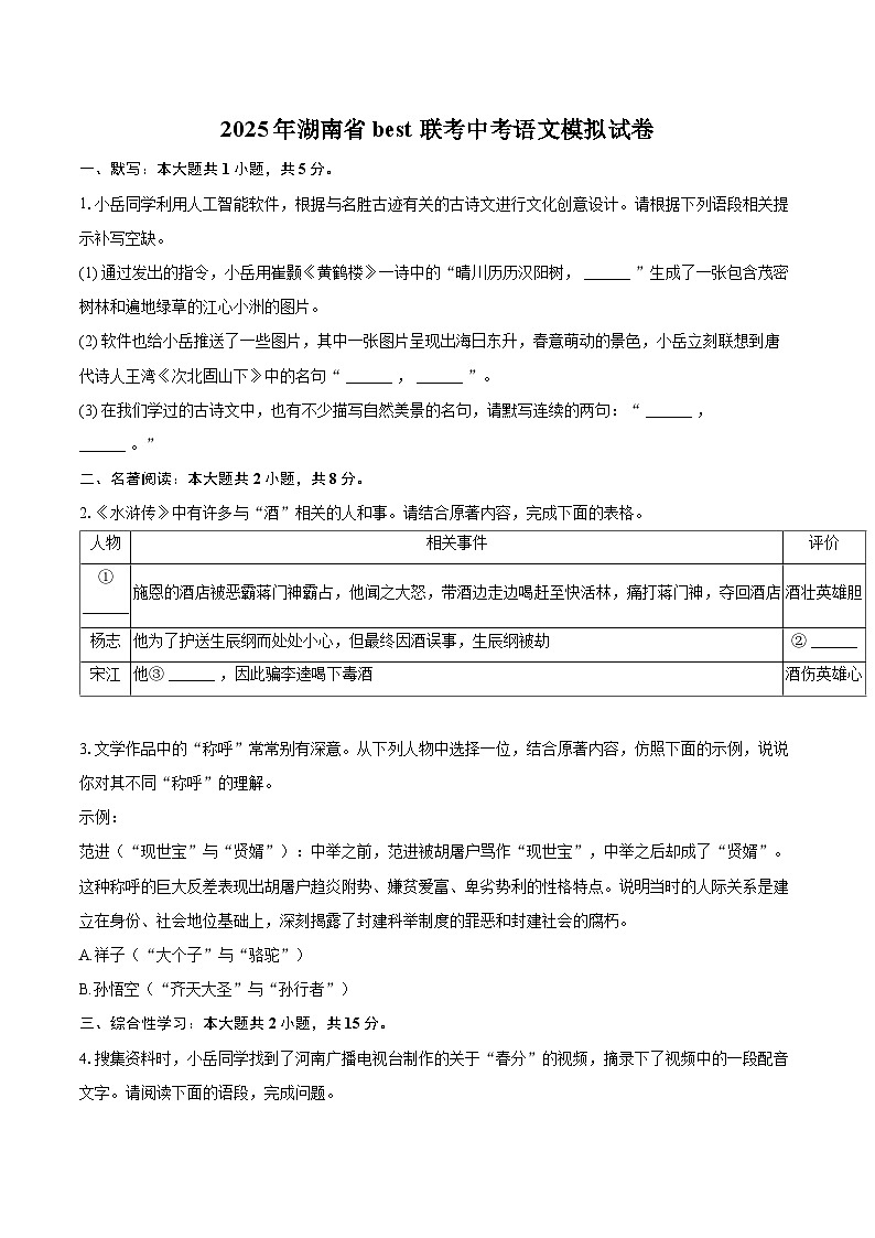 2025年湖南省best联考中考语文模拟试卷(含详细答案解析)第1页
