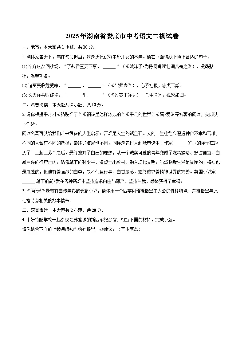 2025年湖南省娄底市中考语文二模试卷(含详细答案解析)第1页