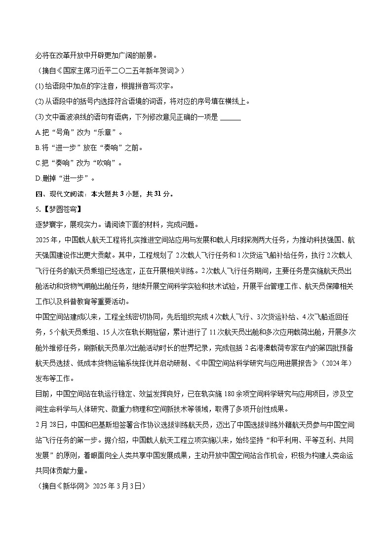 2025年湖南省娄底市涟源市中考语文质检试卷（一）(含详细答案解析)第2页