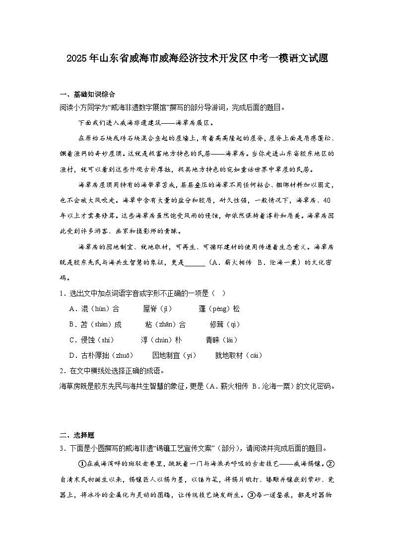 2025年山东省威海市威海经济技术开发区中考一模语文试题（含答案）第1页