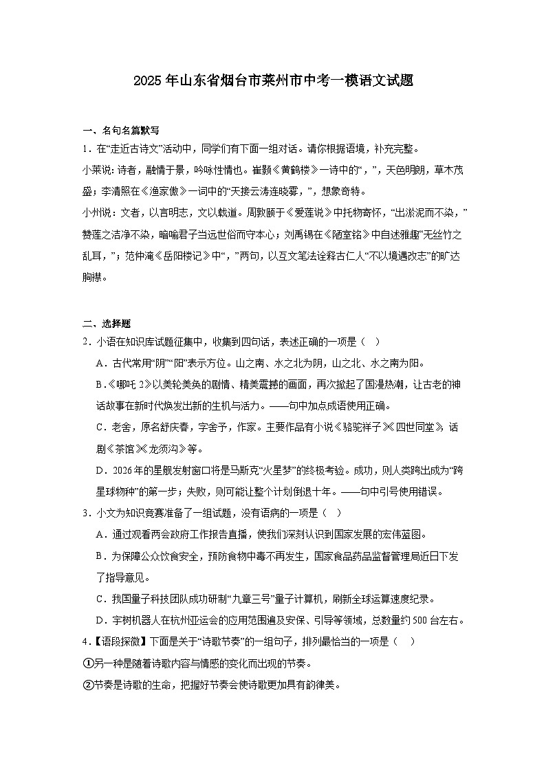 2025年山东省烟台市莱州市中考一模语文试题（含答案）第1页