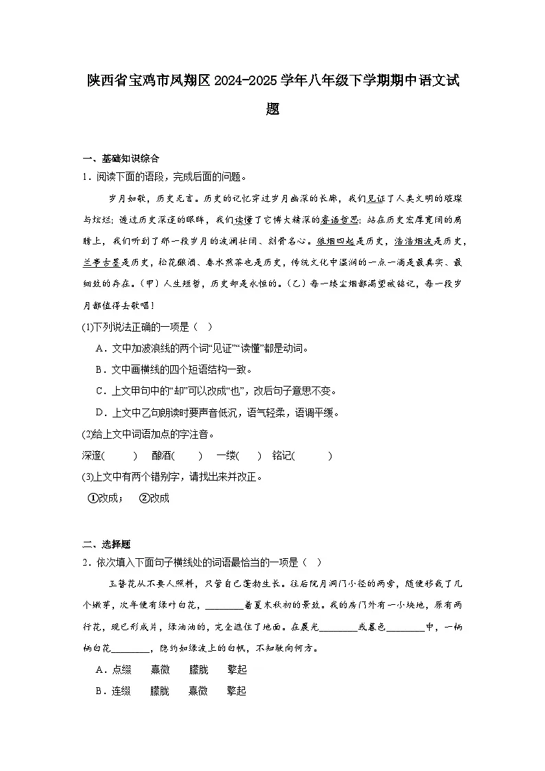 陕西省宝鸡市凤翔区2024-2025学年八年级下学期期中语文试题（含答案）第1页
