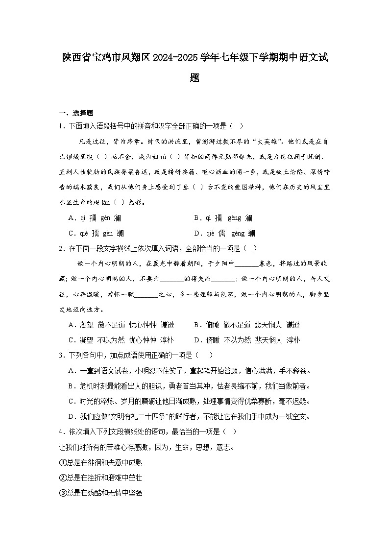 陕西省宝鸡市凤翔区2024-2025学年七年级下学期期中语文试题（含答案）第1页
