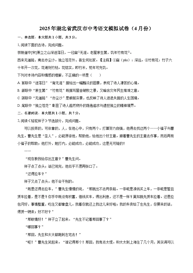 2025年湖北省武汉市中考语文模拟试卷（4月份）(含详细答案解析)第1页