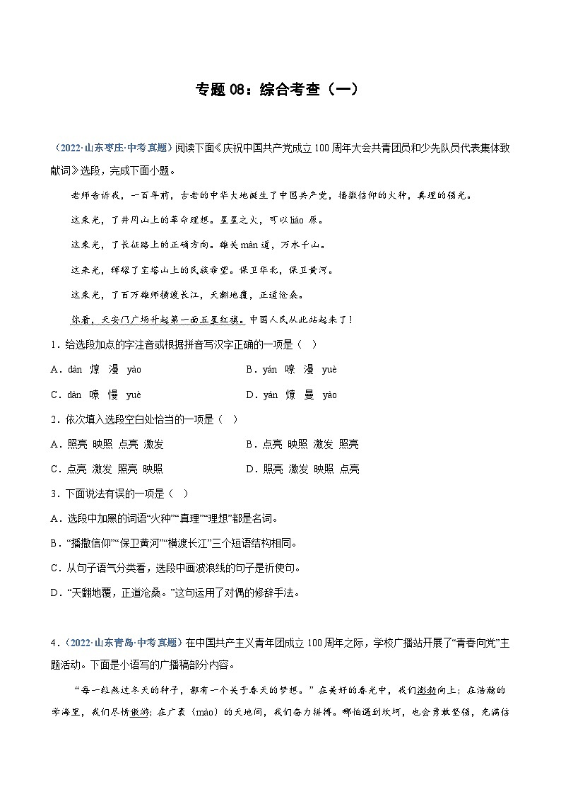 中考语文专题08：综合考查（一）（练习版）第1页