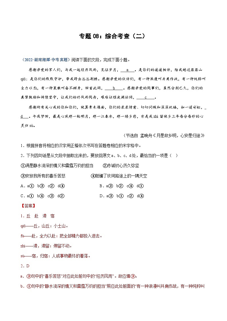 中考语文专题08：综合考查（二）（练习解析版）第1页