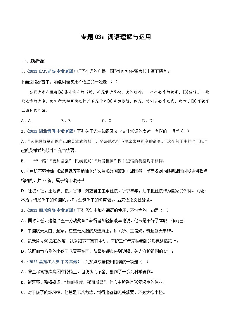 中考语文专题03：词语理解与运用（练习版）第1页