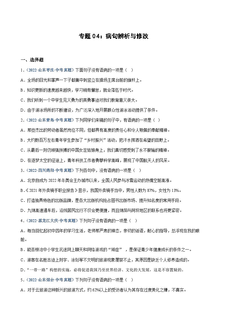 中考语文专题04：病句辨析与修改（练习版）第1页