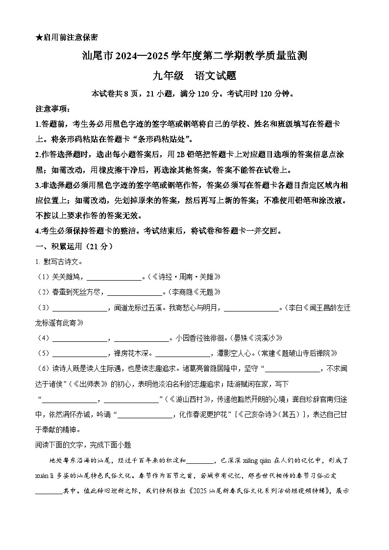 2025年广东省汕尾市中考二模语文试题（含答案）第1页