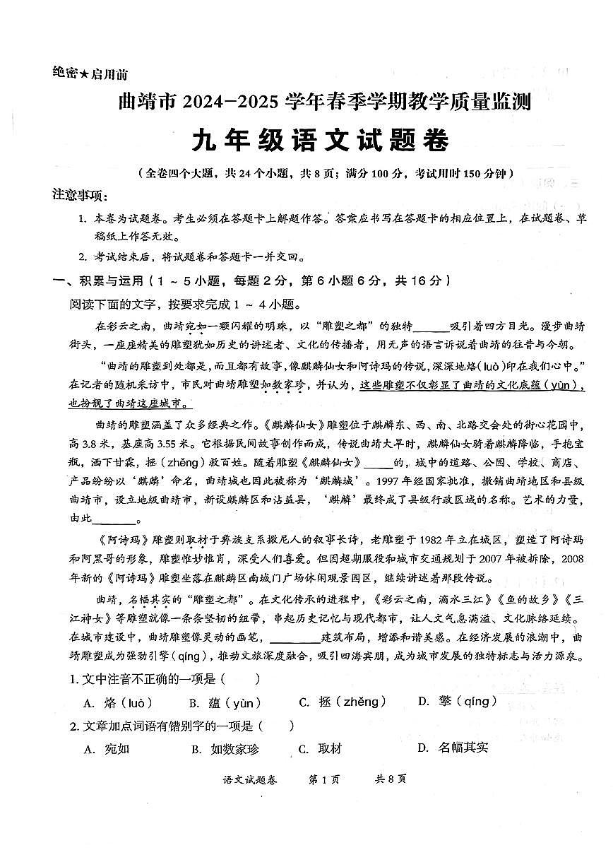 云南省曲靖市2024-2025学年第二学期九年级语文教学质量监测试题（二模）第1页