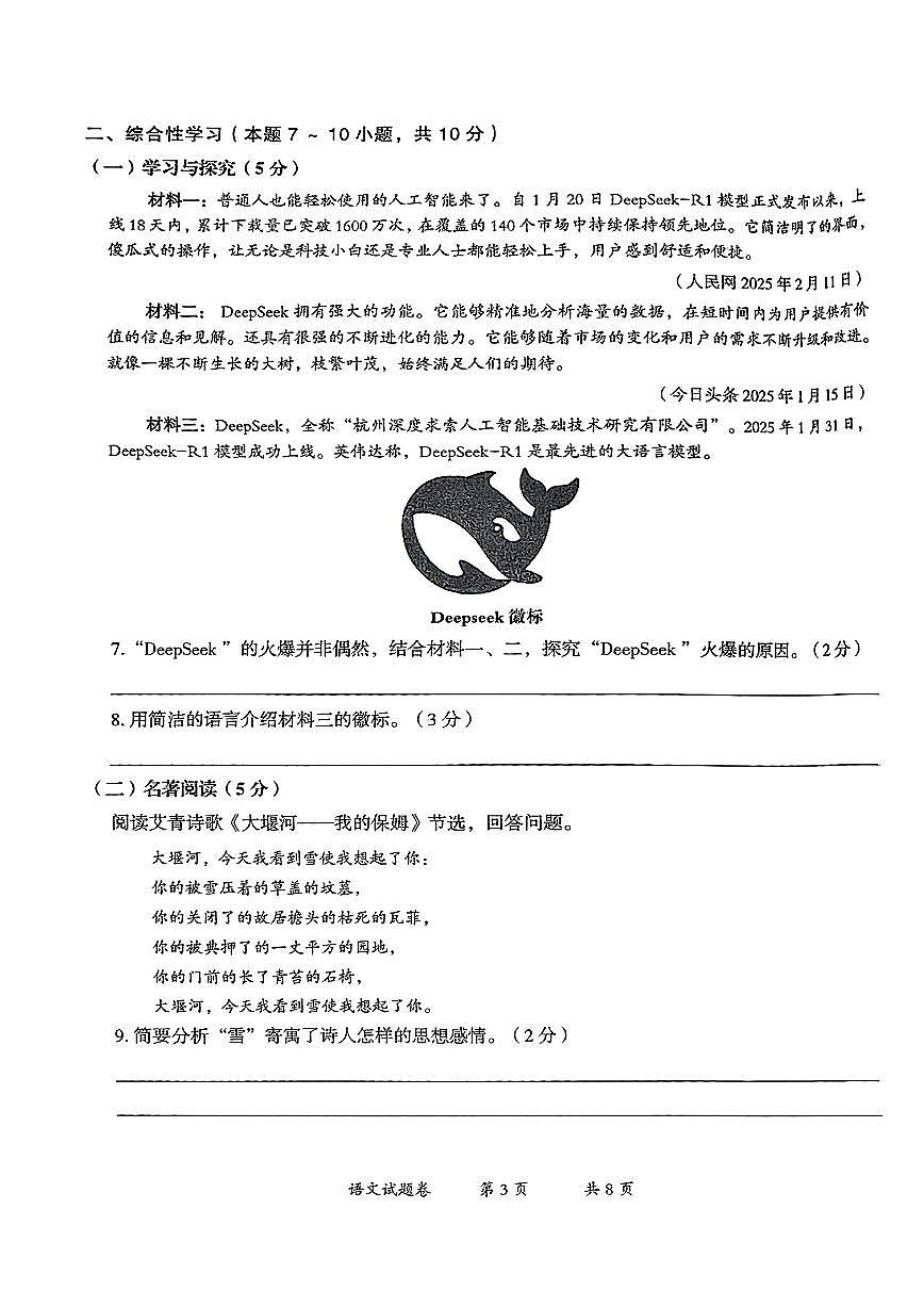 云南省曲靖市2024-2025学年第二学期九年级语文教学质量监测试题（二模）第3页