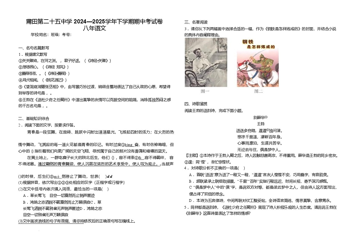 福建省莆田市莆田第二十五中学2024-2025学年八年级下学期期中语文试卷（含答案）第1页