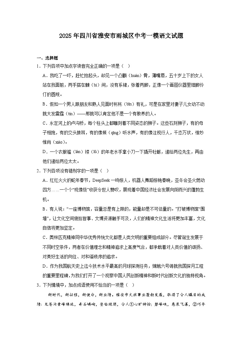 2025年四川省雅安市雨城区中考一模语文试题（含答案）第1页