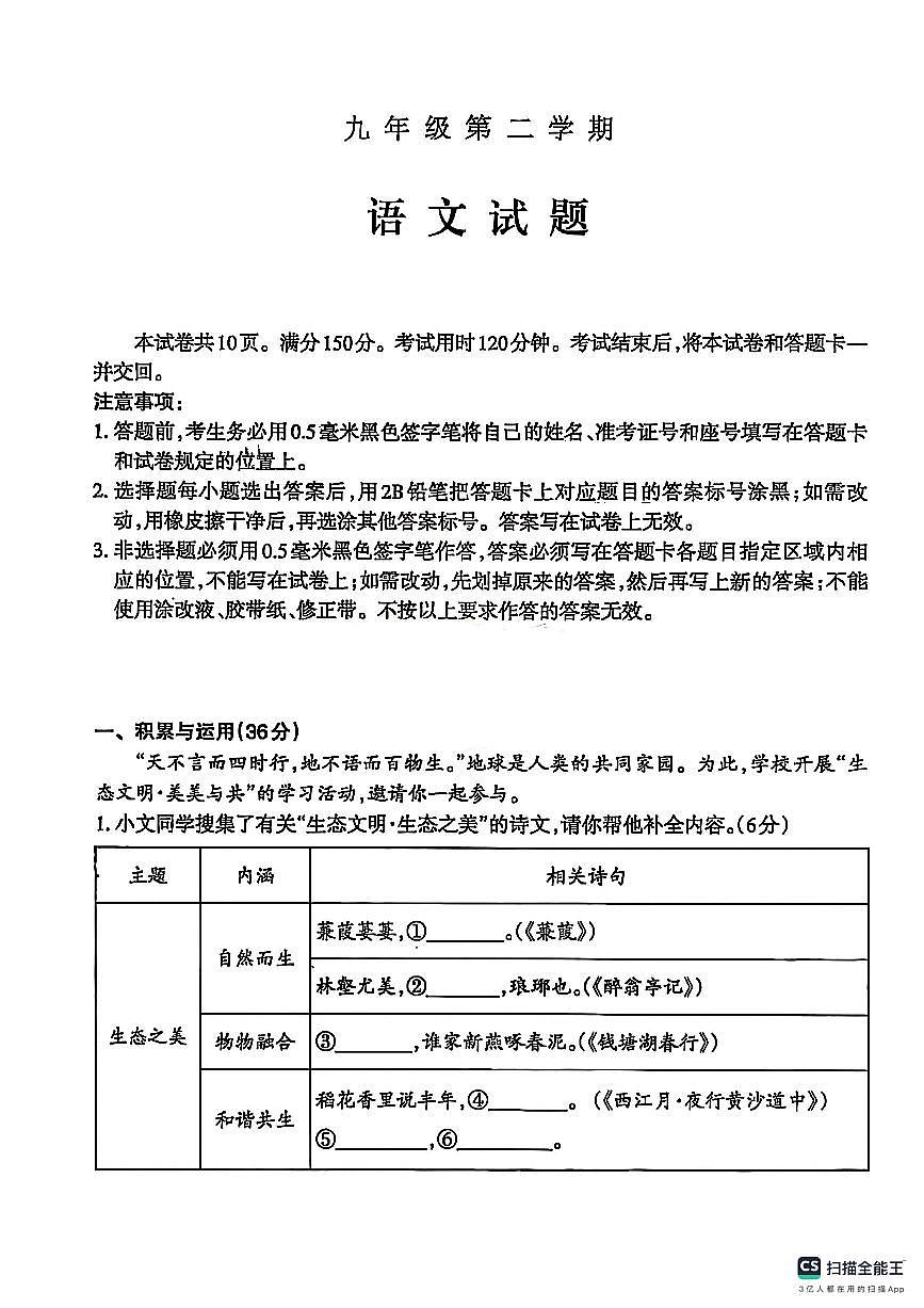 2025年山东省泰安市中考二模语文试题（pdf版含答案）第1页