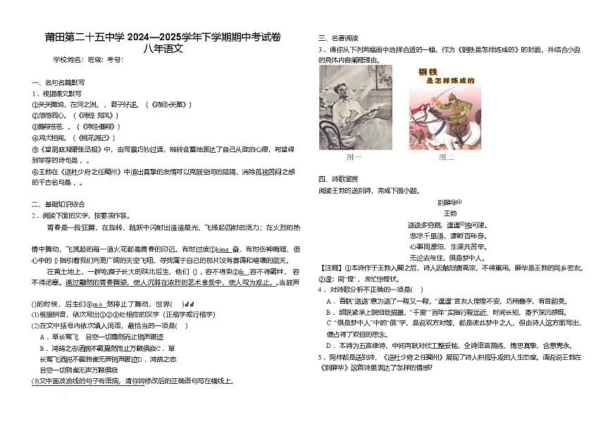 福建省莆田市莆田第二十五中学2024-2025学年八年级下学期期中语文试卷（含答案）第1页