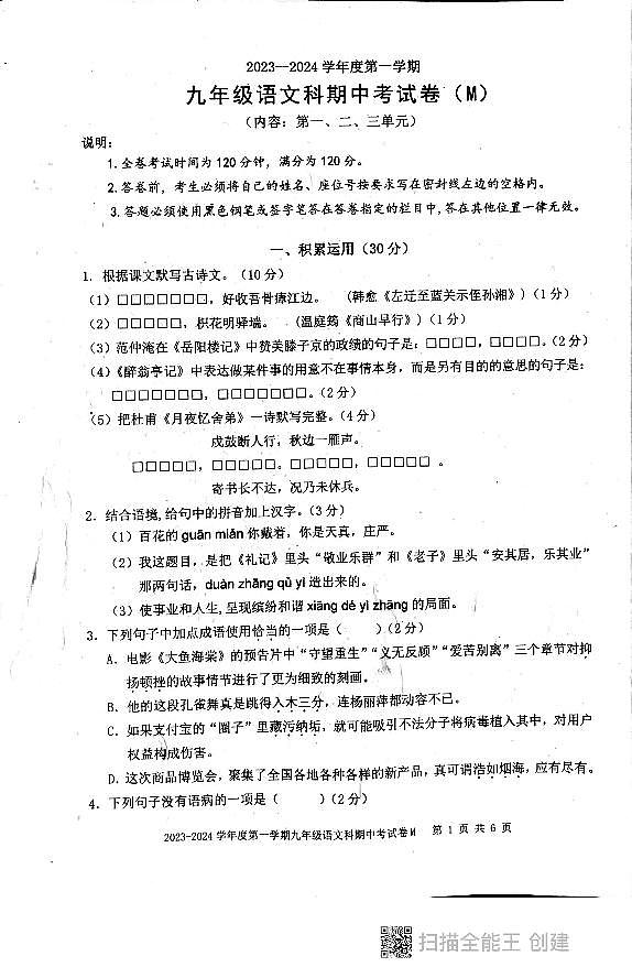 广东省汕头市潮阳区多校2023-2024学年九年级上学期期中考试语文试题第1页