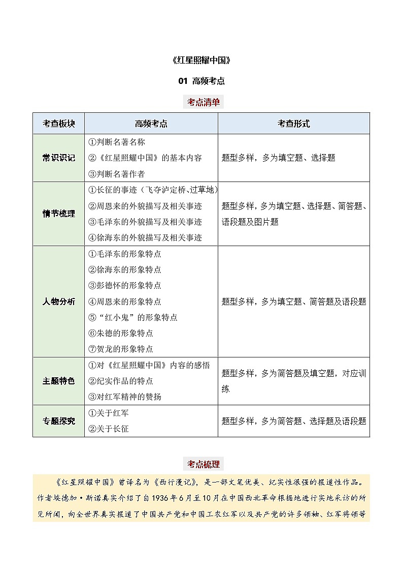 专题05 红星照耀中国【考点精炼】 - 新课标中考语文必读名著考点速记精练 原卷版第1页