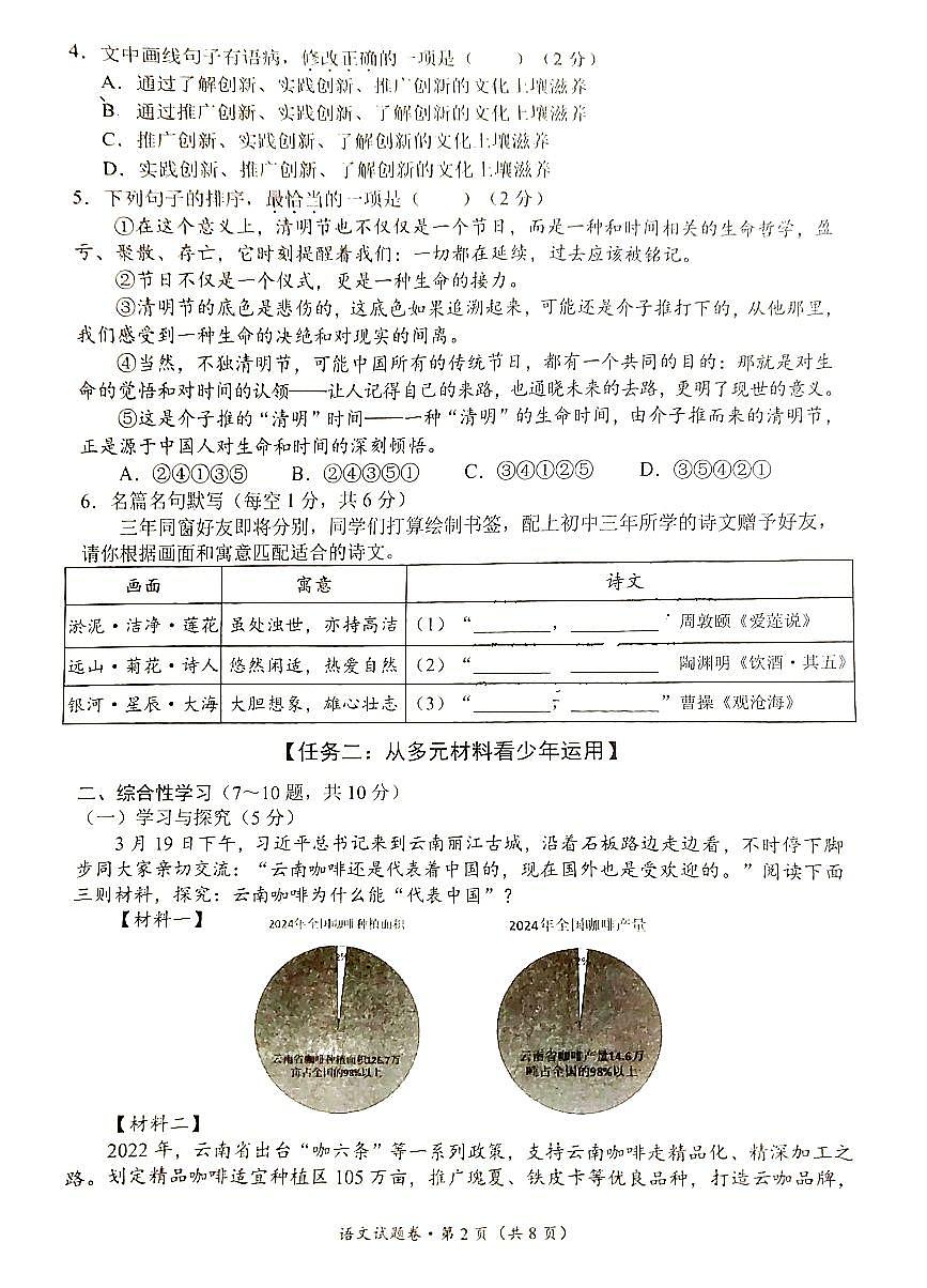 云南省昆明市西山区2025年初中学业水平第一次模拟考试语文试题第2页