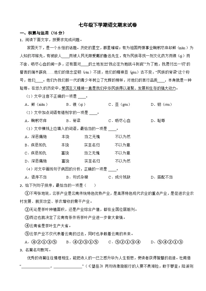 云南省普洱市2025年七年级下学期语文期末试卷及答案第1页