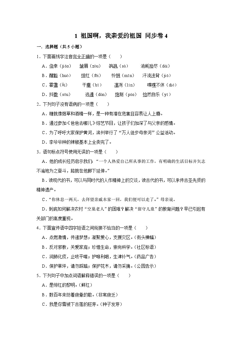 【同步练习卷】部编版语文九年级下册 1 祖国啊，我亲爱的祖国第1页