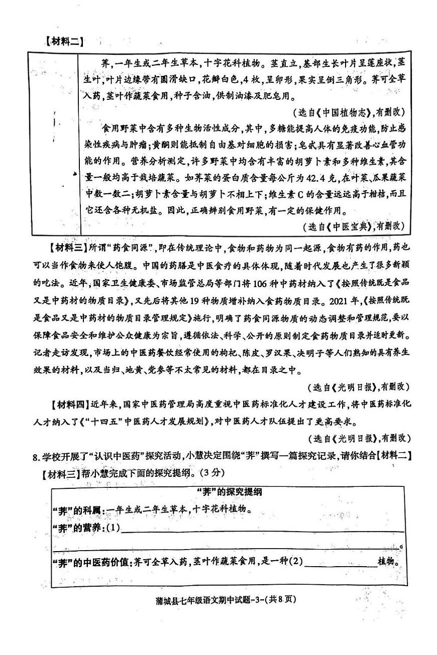 2024~2025学年七年级下期中质量检测语文试题第3页