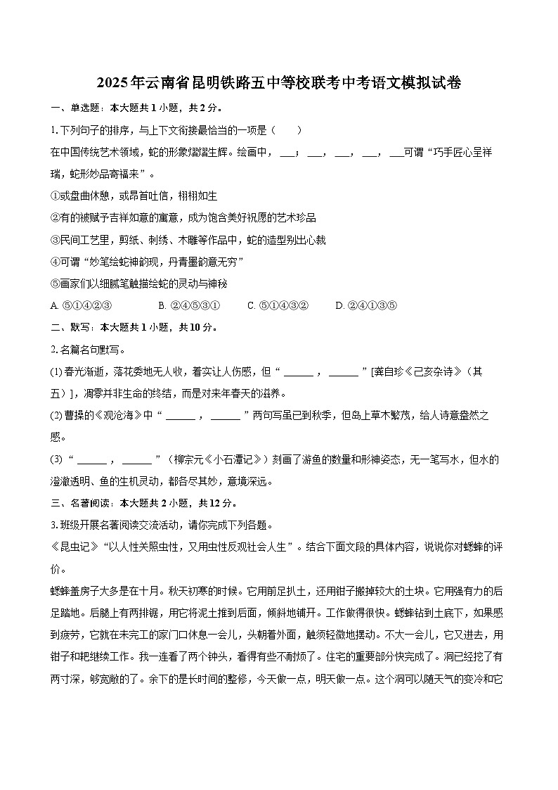 2025年云南省昆明铁路五中等校联考中考语文模拟试卷（含详细答案解析）第1页