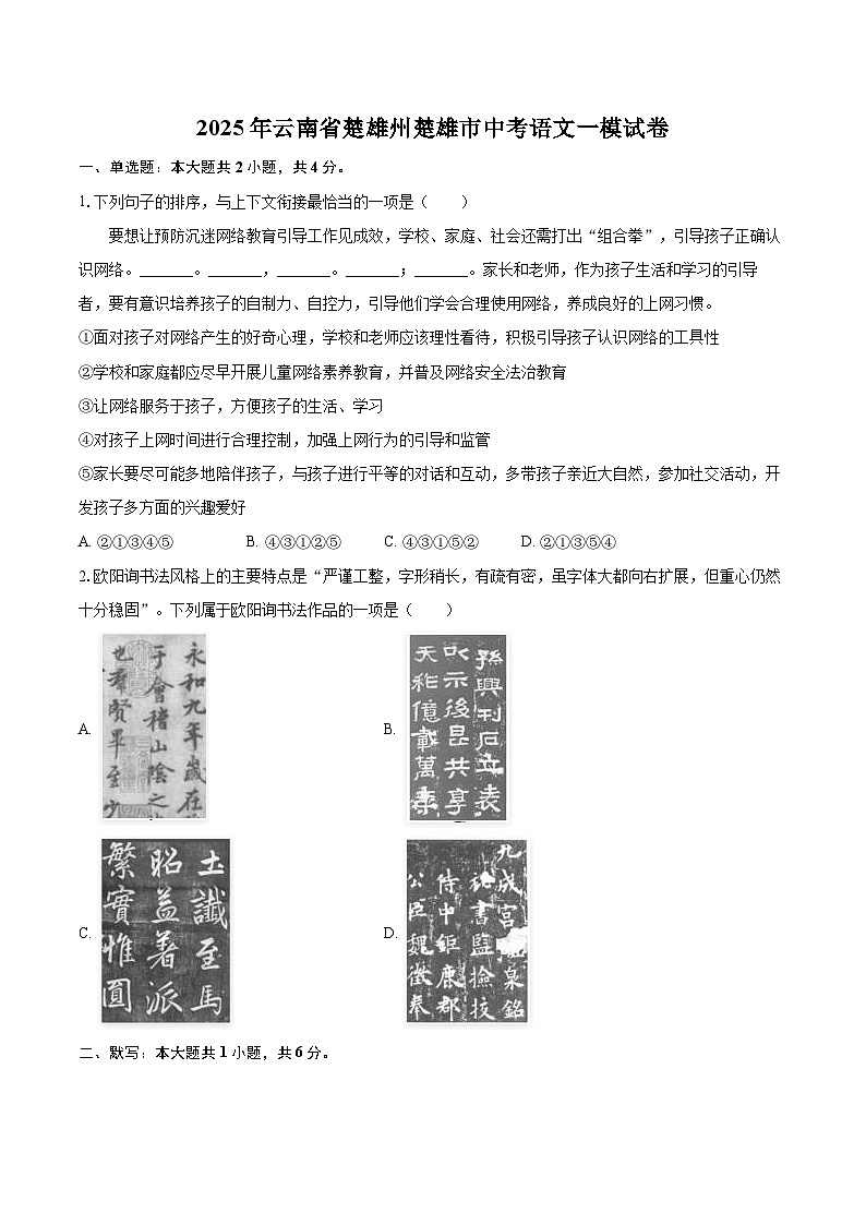 2025年云南省楚雄州楚雄市中考语文一模试卷（含详细答案解析）第1页