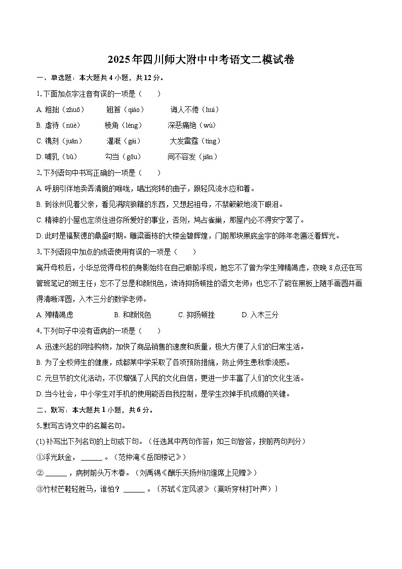 2025年四川师大附中中考语文二模试卷（含详细答案解析）第1页