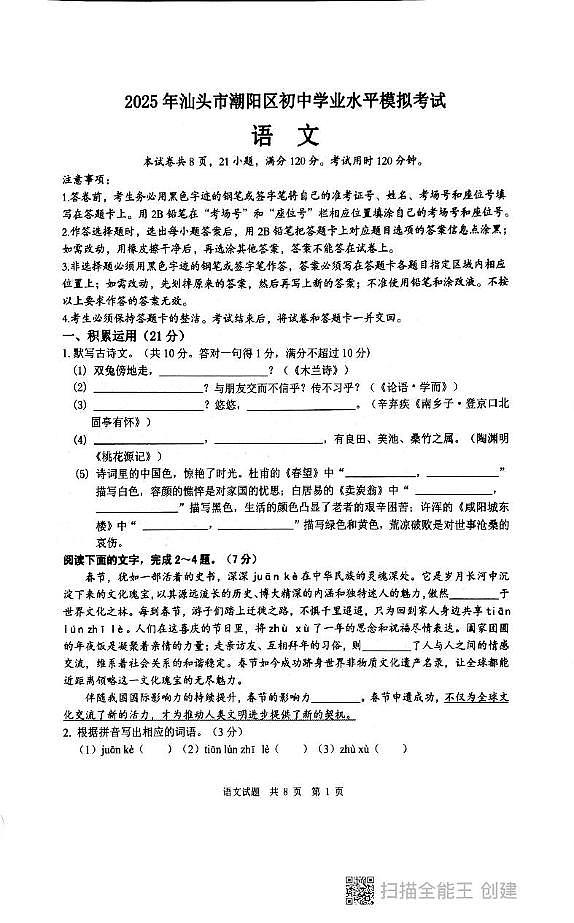 2025年广东省汕头市潮阳区中考二模语文试题（中考模拟）第1页