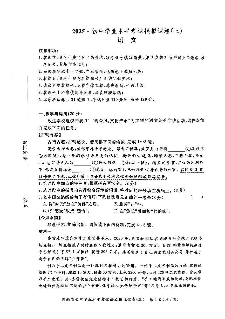 2025年湖南省永州市宁远县中考三模语文试题（中考模拟）第1页