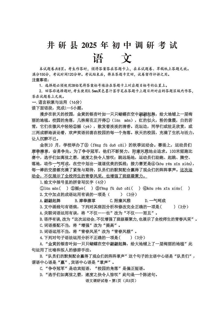 2025年四川省乐山市井研县中考一模语文试题（中考模拟）第1页