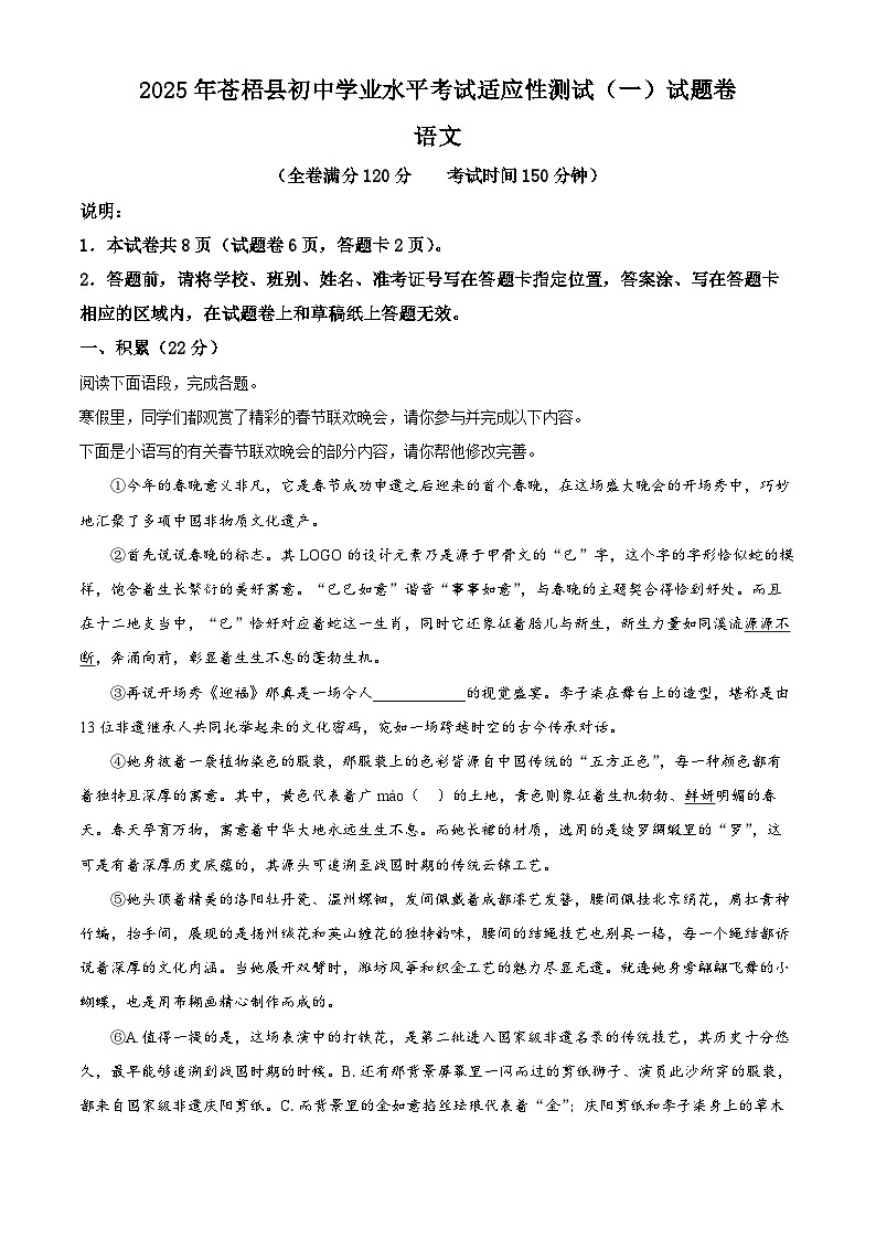 2025年广西苍梧县中考一模语文试题（解析版）第1页