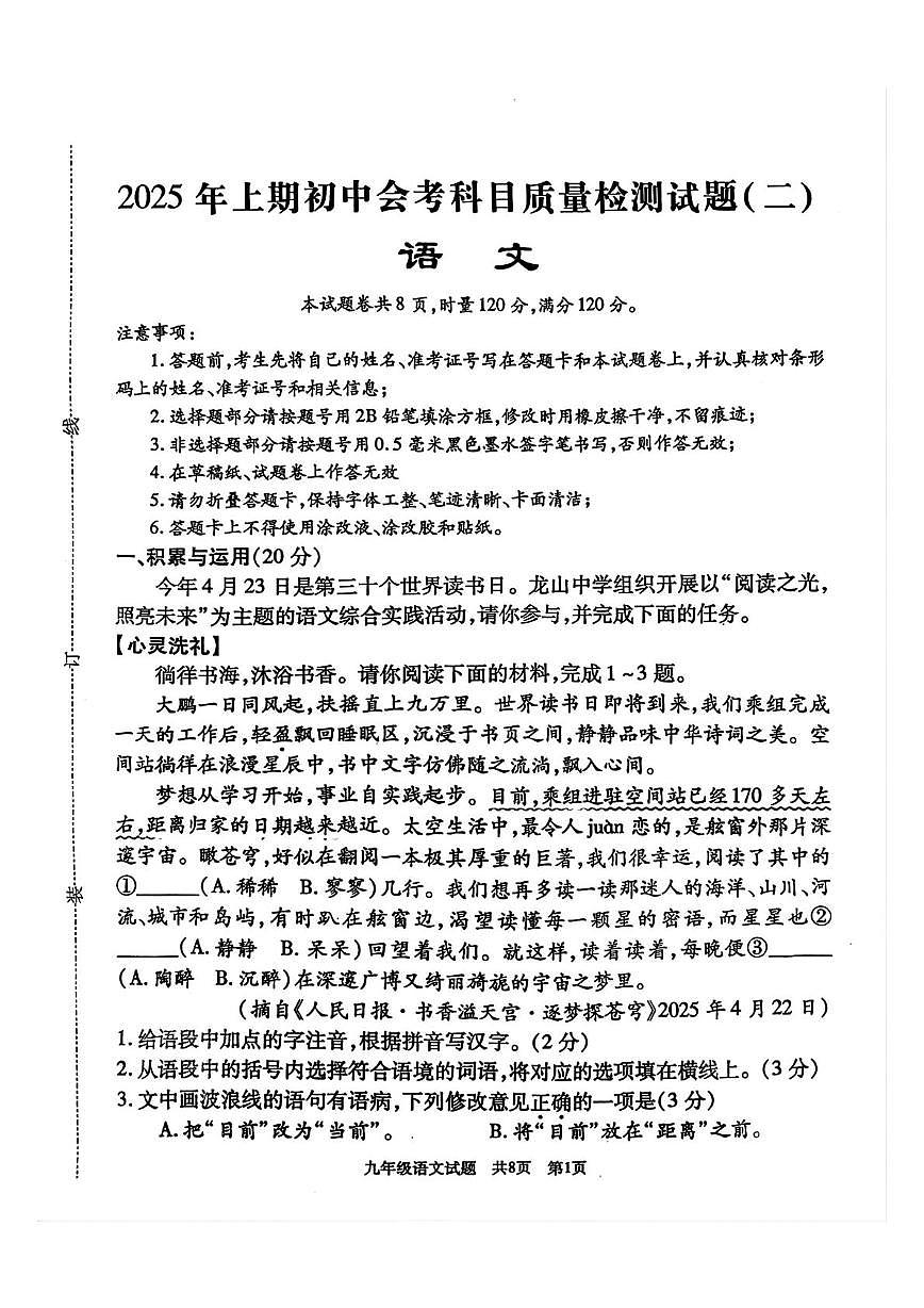 2025年湖南省娄底市涟源市中考三模语文试题第1页