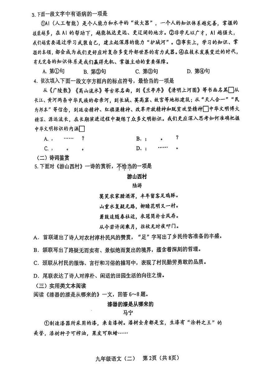 2025年年天津市河东区中考二模语文试题和参考答案第2页