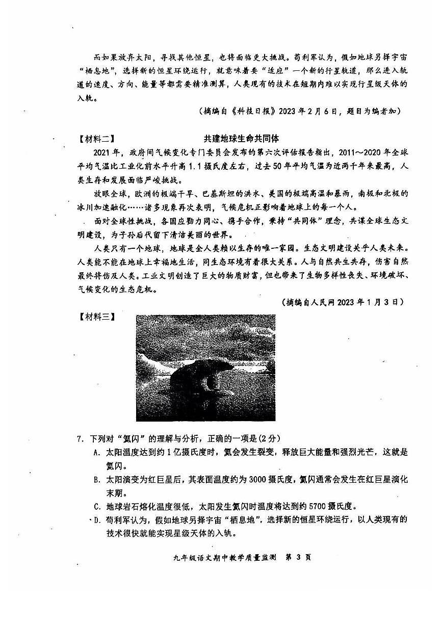 广西防城港市上思县2024-2025学年九年级上学期期中考试语文试题第3页