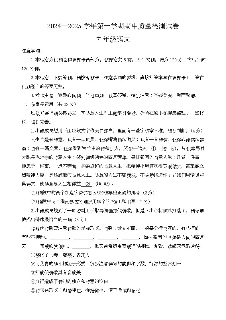 河南省平顶山市叶县2024-2025学年九年级上学期期中质量检测语文试题第1页