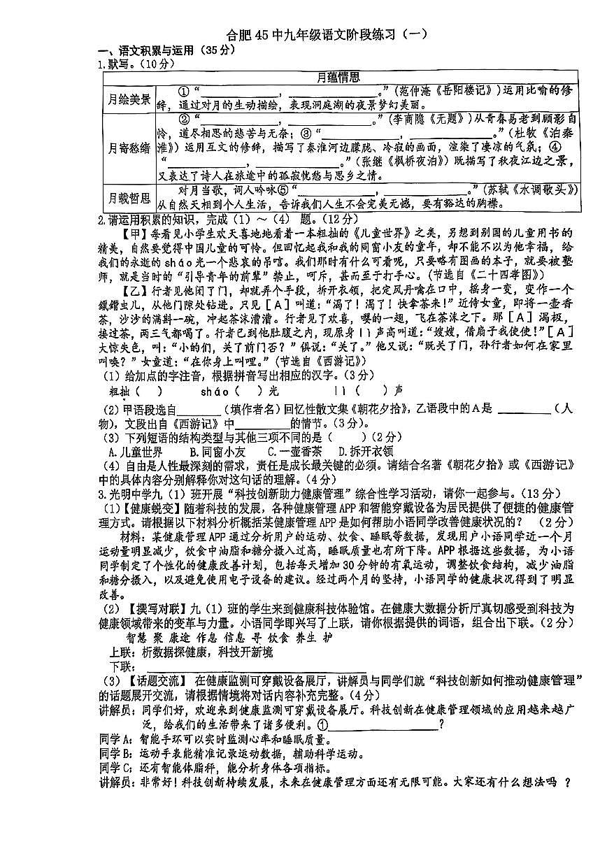 2025年安徽省合肥市第四十五中学中考一模语文试卷(PDF版，含答案)第1页