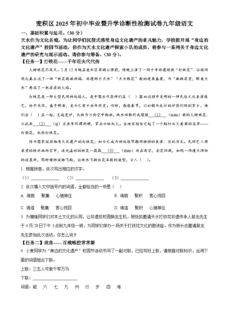 2025年甘肃省麦积区中考一模语文试题第1页
