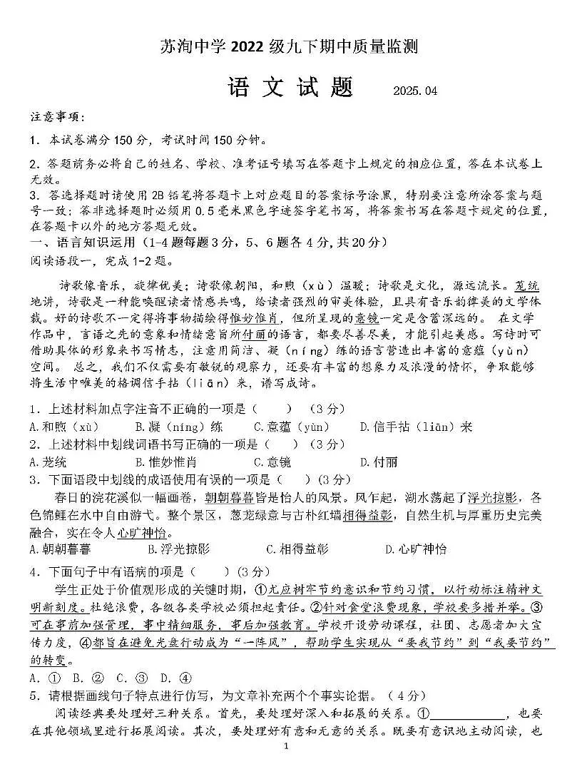 四川省眉山市东坡区苏洵中学2024-2025学年九年级下学期期中质量监测语文试题第1页