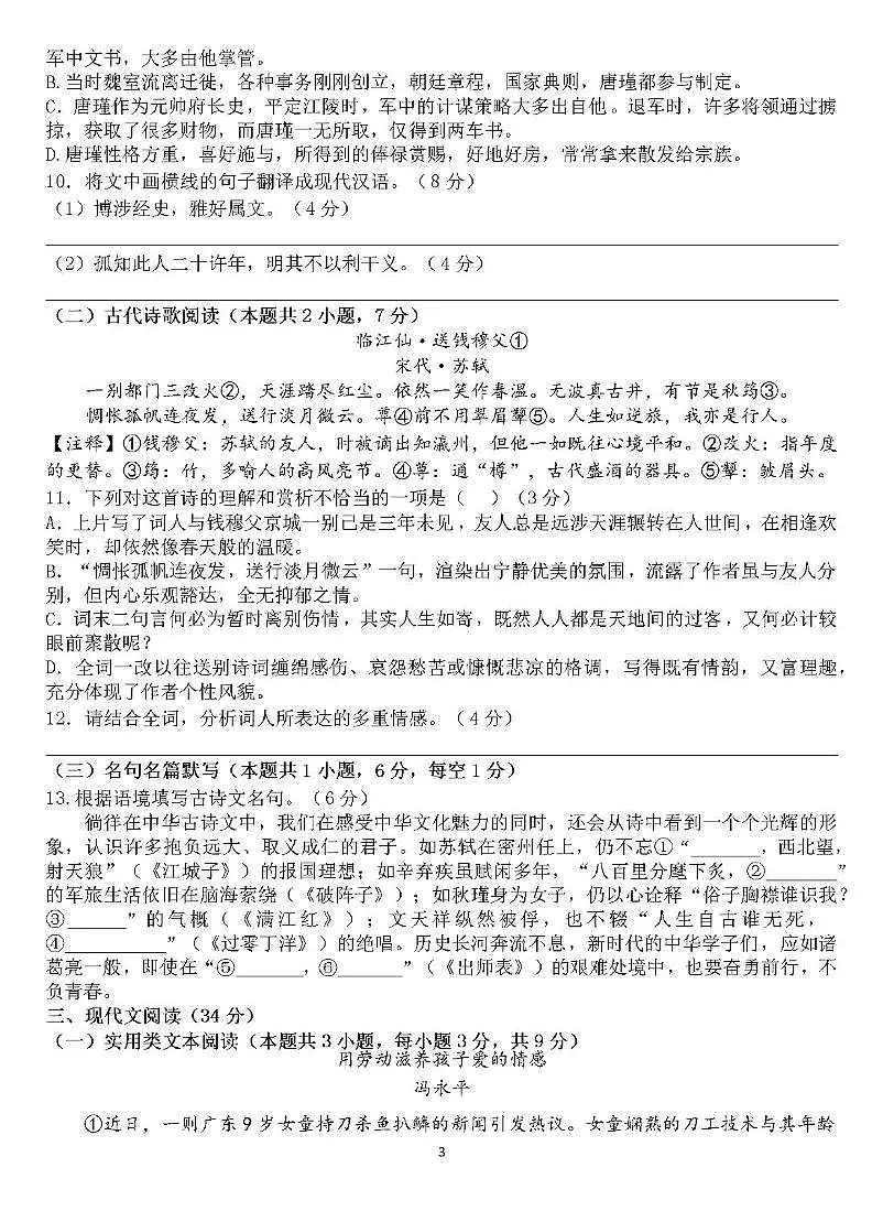四川省眉山市东坡区苏洵中学2024-2025学年九年级下学期期中质量监测语文试题第3页