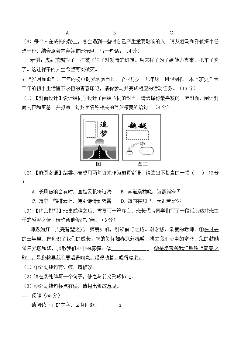 安徽省亳州市十河中学九年级下学期月考语文试题及参考答案 安徽省亳州市十河中学九年级下学期期中检测试题及参考答案第2页